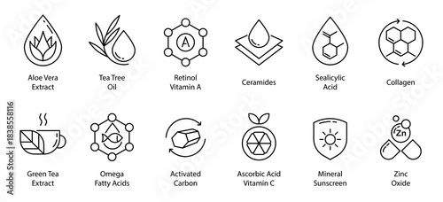 Simple skincare icon set featuring aloe, tea tree, retinol, and more