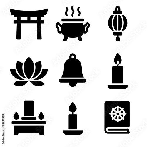 Minimalist icons of asian spiritual symbols on dark background