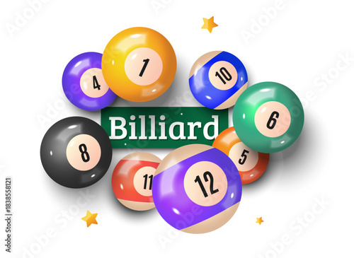 Colorful billiard balls with numbers surrounding green table sign