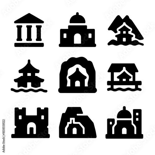 Monochrome architectural icons: temples, castles, pagodas, and more