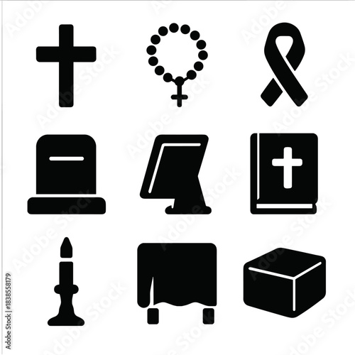 Black funeral icons set: cross, candle, tombstone, bible, rosary, ribbon, cloth