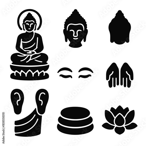 Buddhist icons: buddha, meditation, and serenity symbol set on gray background