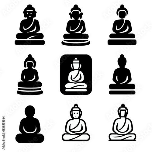 Minimalist buddha icon set in black and white for tranquil design projects