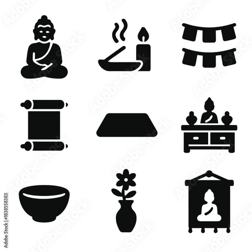 Minimalist silhouette icons of buddhist symbols with meditation and ritual themes
