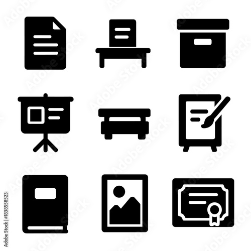 Minimalist black icons for office use: document, chair, box, presentation, certificate