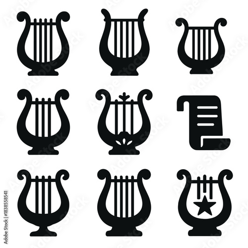 Silhouette collection of nine lyres with scroll icon