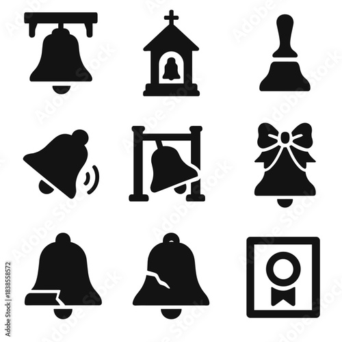 Various bell icons with diverse designs and symbolic themes