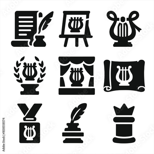 Black silhouette icons of lyre with music and art symbols