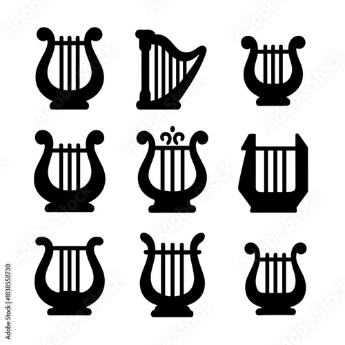 Silhouette variety of harps on a dark background