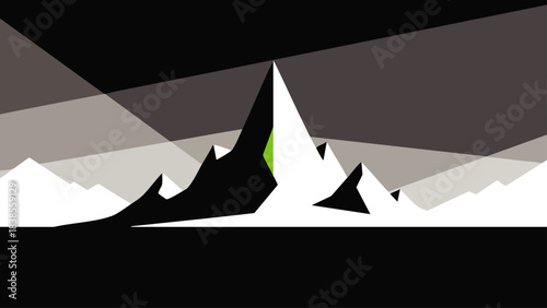 A modern abstract vector illustration captures a towering mountain range with sharp angles and a distinct green apex against a dark, dramatic backdrop.