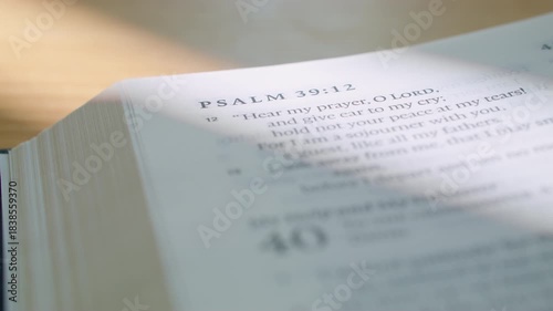Reading Psalms in Bible: Close up video of flipping through paper pages of a modern English Standard Version Bible - the Book of Psalms. Ideal for faith, study, worship, or religious content