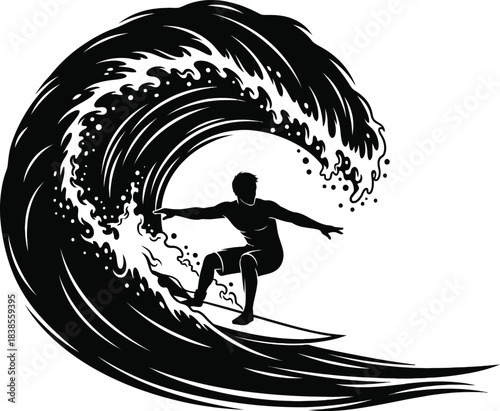 Surfer riding powerful wave extreme sport illustration