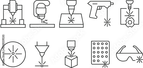 Laser technology and industrial manufacturing icons, CNC and Engraving on a white background
