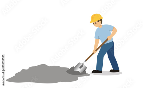 Man spreading concrete with shovel, construction worker in hard hat leveling fresh cement pile, flat vector illustration
