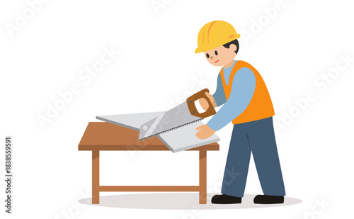 Worker cutting panel with saw on wooden table, construction carpenter in safety helmet, flat vector renovation illustration