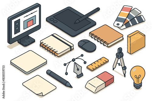 Isometric design tools: digital tablet, color swatches, notebooks, and desk essentials