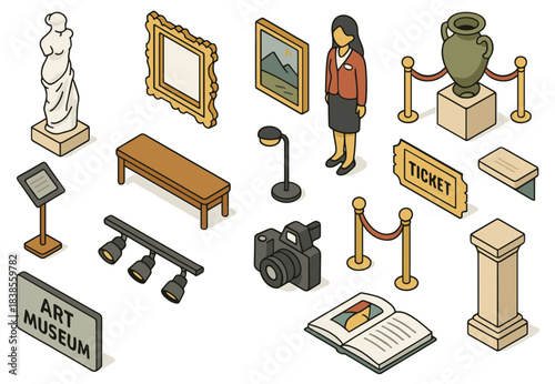 Art museum elements with female asian adult guide and antiquities display