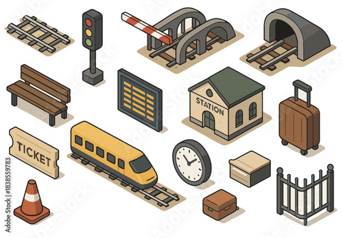 Isometric railway station elements with train, tracks, and station building