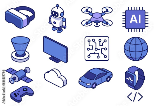 Isometric technology icons: ai, drone, vr, robot, and gadgets in blue tones