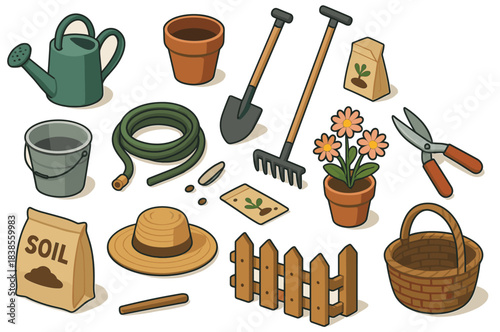 Garden tools and accessories illustrated collection with plants and accessories