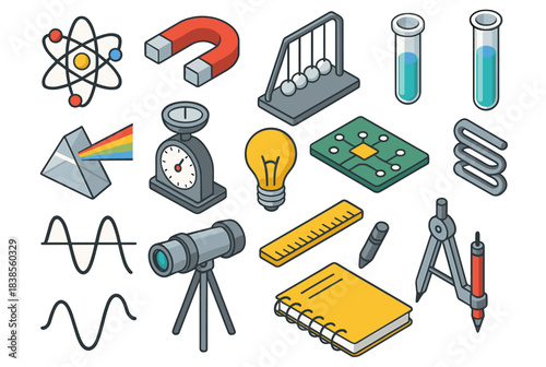 Science and math icon set featuring tools and symbols