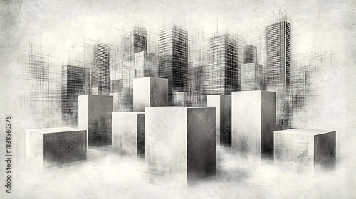 Fototapeta Naklejka Na Ścianę i Meble -  3d Abstract Structure Composed of Sharp Geometric Lines and Modern Skyline Pattern Growing From Sketch Layers Over Original Textured Paper Background