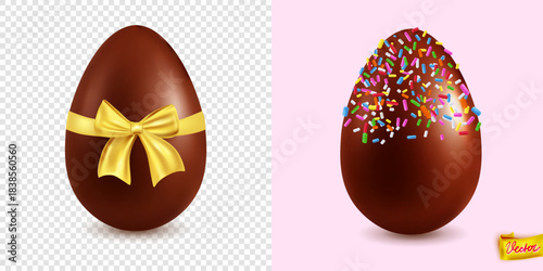 Vector illustration of a shiny chocolate Easter egg with realistic highlights, shown on transparent and white backgrounds, perfect for packaging, ads, and holiday decorations