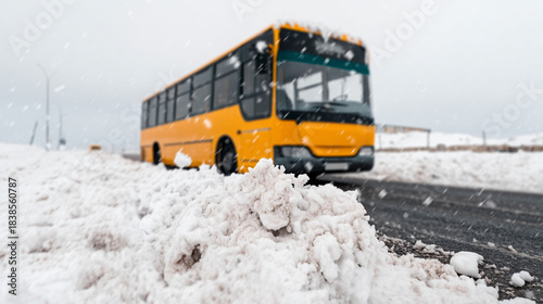A yellow bus on a road during a heavy snowstorm. Hazardous winter weather conditions for public transportation. Selective focus on slush in the foreground.