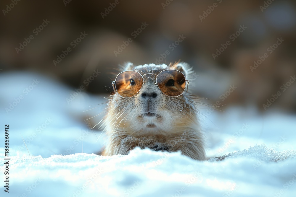 Obraz premium A cute squirrel wearing sunglasses curiously peeks out from a snowy landscape. This image evokes a sense of whimsy and winter wonder.