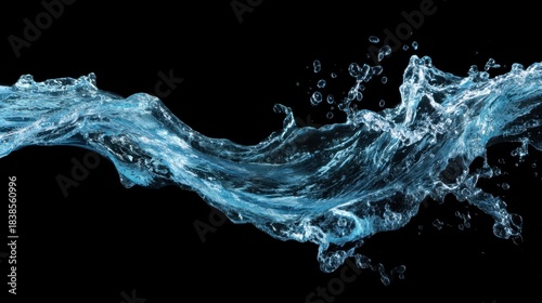 Water moves freely and splashes dynamically against a dark background. The scene focuses on the energy and flow of the water. Light reflects off the droplets adding a bright contrast.
