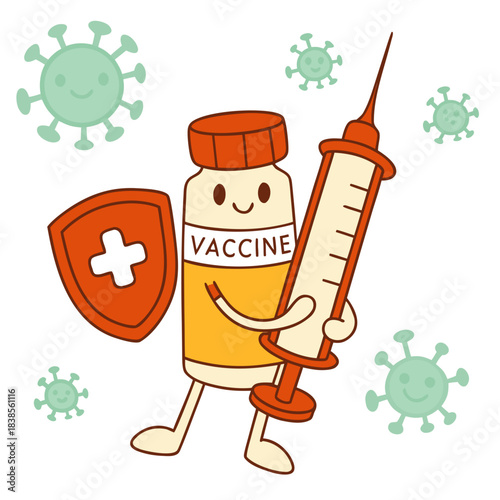 Adorable cartoon vaccine bottle heroically defends against cheerful virus germs with a giant syringe and shield
