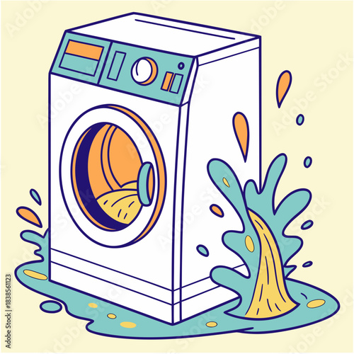 Washing machine overflowing with water causing a messy home repair or appliance breakdown emergency