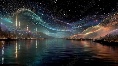 Abstract digital art of a futuristic city skyline reflected in water under a starry sky image photo