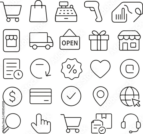 Collection of thin line art icons representing online shopping and e commerce services for digital design and marketing