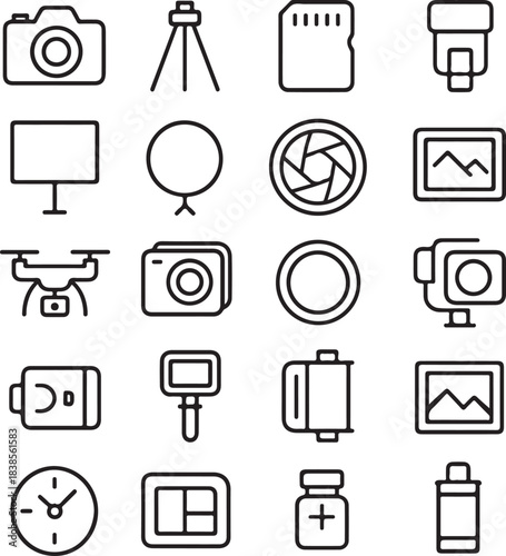 Collection of hand drawn icons representing photography and videography equipment and accessories for creative projects