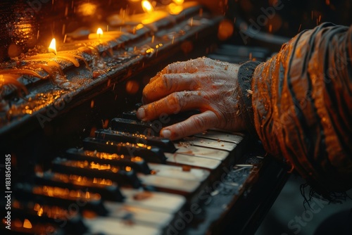 A close-up shot captures a hand playing a grand organ, with flickering candlelight creating a mystical atmosphere. The image evokes a sense of reverence, history, and musical beauty.