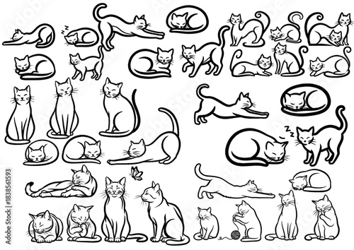 black cat silhouette showing varied feline poses, ideal for design, decoration, icons, themes, vector art, and illustration