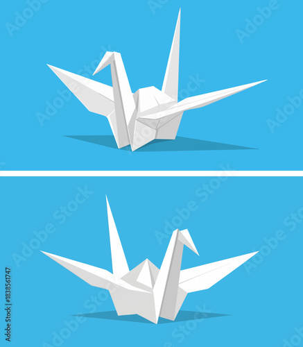 Origami crane folded paper sculpture on blue background,vectoor, set