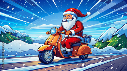 Very beautiful dynamic winter illustration of Santa Claus riding a motorbike through a snowy storm, creating an adventurous and energetic holiday scene ideal for festive art and posters.
