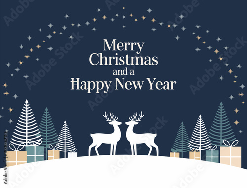 Beautiful Christmas Scene with Snowy Trees Reindeer and Shimmering Stars