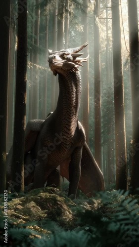 Majestic fantasy dragon standing in a misty forest with sunlight streaming through tall trees creating a powerful cinematic mythical atmosphere