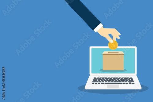 Online donation concept. Human hand putting coin in a donation box.
