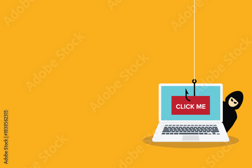  Hacker, scammer trying to steal confidential data with a click me bait, personal information and credit card detail a laptop computer.	