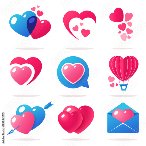 Set of romantic heart icons and symbols. Colorful badge designs on the theme of relationships and love. Ideal for Valentine's Day concepts, stickers, posters, promotions.