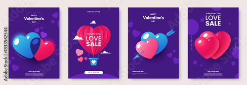 Collection of Valentines Day posters with vibrant heart illustrations in blue, pink, and red tones on deep purple background. Love greeting card set. Ideal for promotion, advertisement, banner.