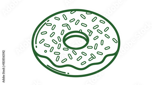 Outline of a Green Frosted Donut with Sprinkles on a White Background Simple Food Illustration
