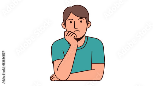 Pensive Young Man With Brown Hair Wearing Teal T Shirt Resting Chin on Hand Isolated on Black Background Thinking Deeply Expressing Confusion or Contemplation in Minimalist Style