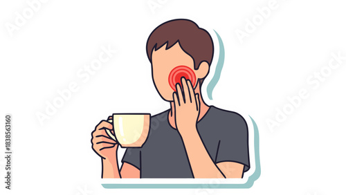 Person Holding A White Mug With Both Hands Experiencing Discomfort In The Face With Red Swollen Area On The Cheek And Nose In A Stylized Graphic Illustration
