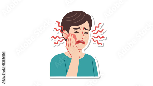 Person Grimacing Holding Cheek With Red Waves Indicating Pain In Ear And Jaw Area On Black Background With White Outline