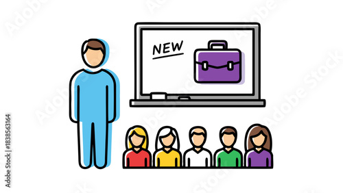 Person in Blue Hoodie Standing Before Whiteboard Displaying Briefcase Icon and Word New With Audience Seated Below Business Meeting Presentation Concept
